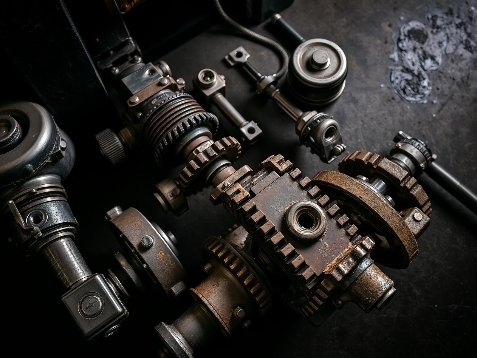 Forklift and heavy equipment parts on a workshop bench
